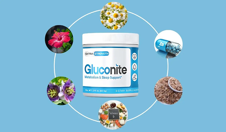 Gluconite nighttime blood sugar and sleep supplement powder bottle